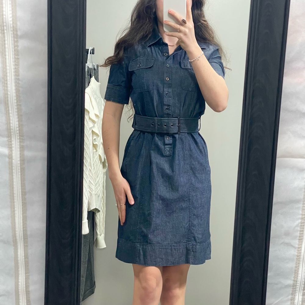 New York & Company 100% Cotton Blue Belted Midi Dress